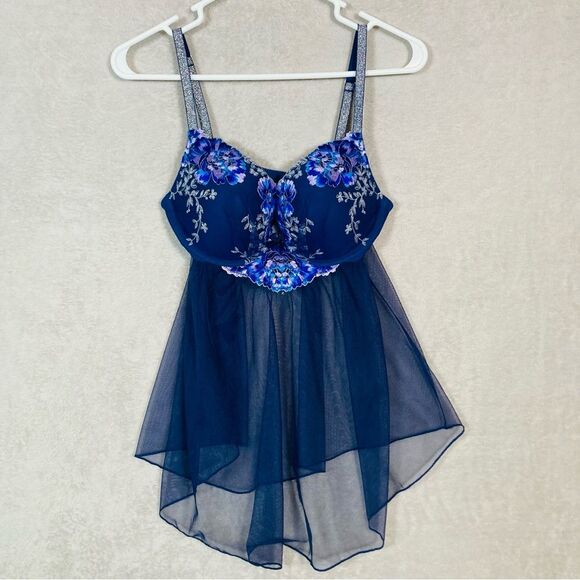 Victoria's Secret Baby Doll Nightie Size 36C Blue Embroidered Floral Sheer Tulle - Picture 1 of 9